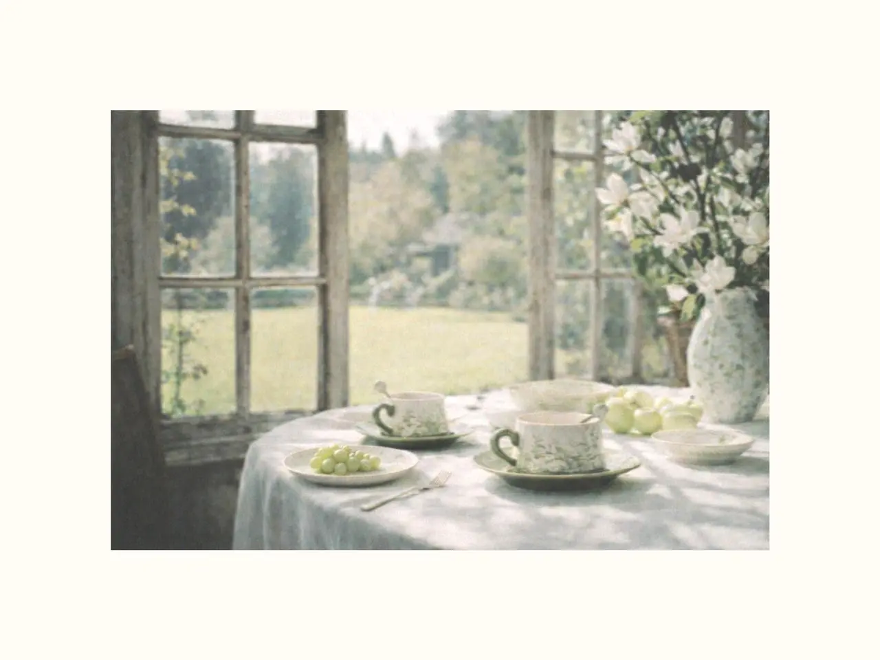ceramic dinnerware set arranged on a table near a window overlooking a green garden in early springtime.