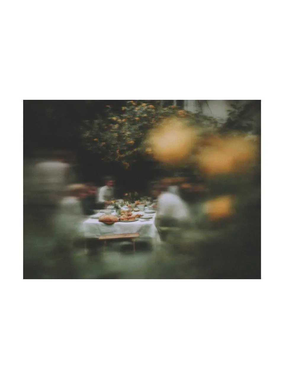 outdoor dinner gathering around a long table styled with garden party decoration in a green garden during early springtime.